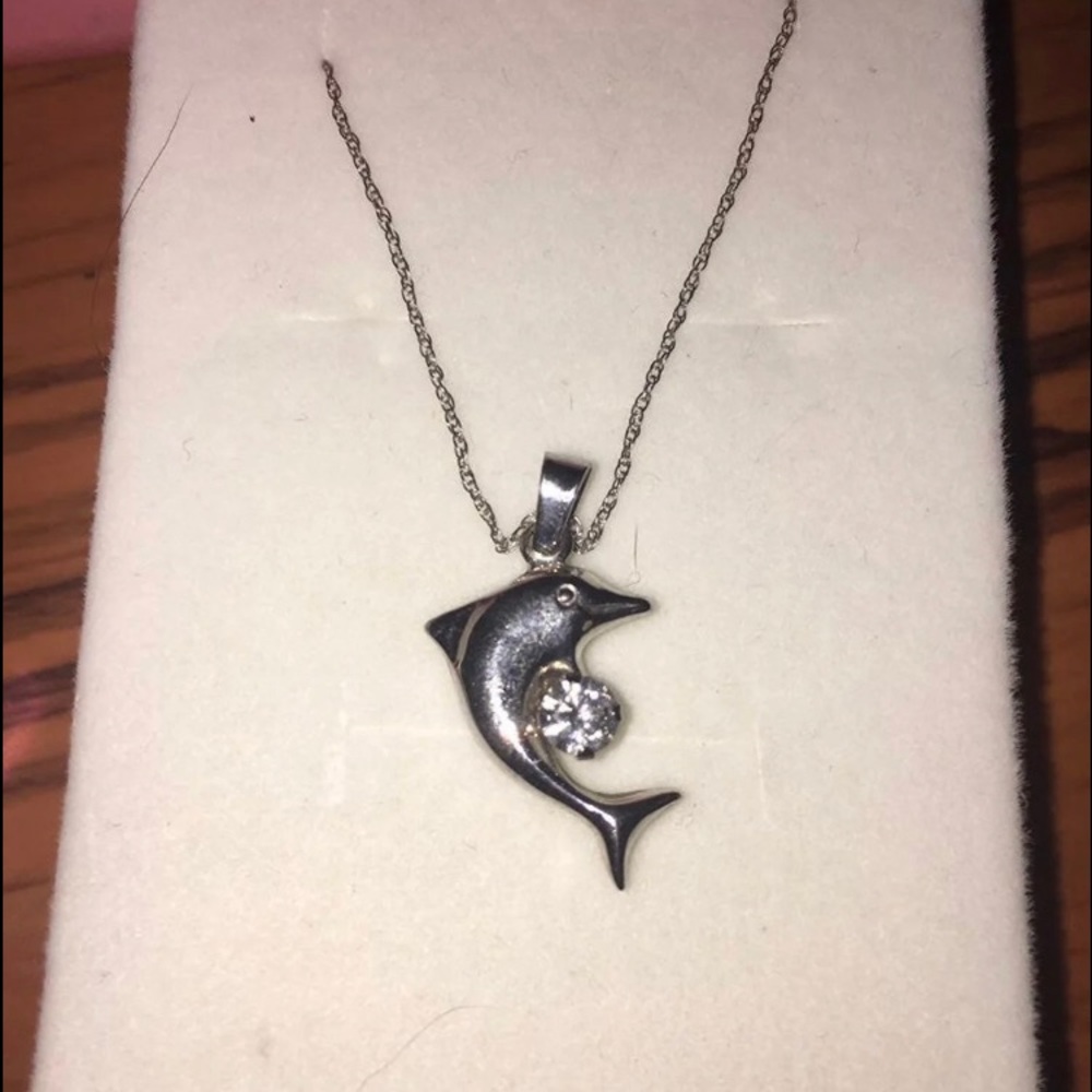 Brand New Sterling Silver CZ Dolphin Necklace
